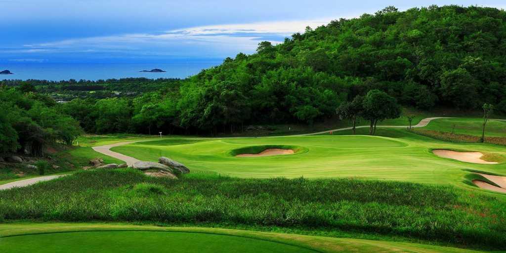 The signature 15th Hole at Banyan GC with Singoh Island in distance